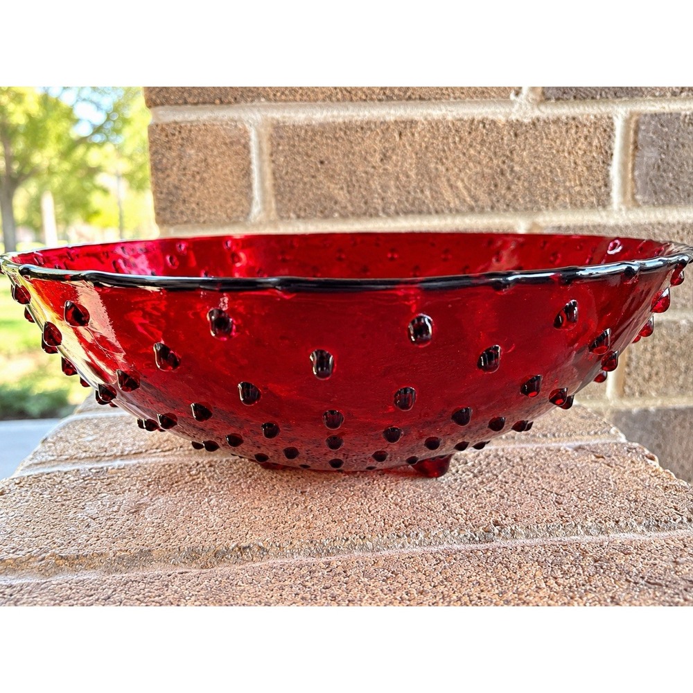 Ruby Red Glass 3 Footed Bowl Embossed Dots 12 Inch Excellent Mcm